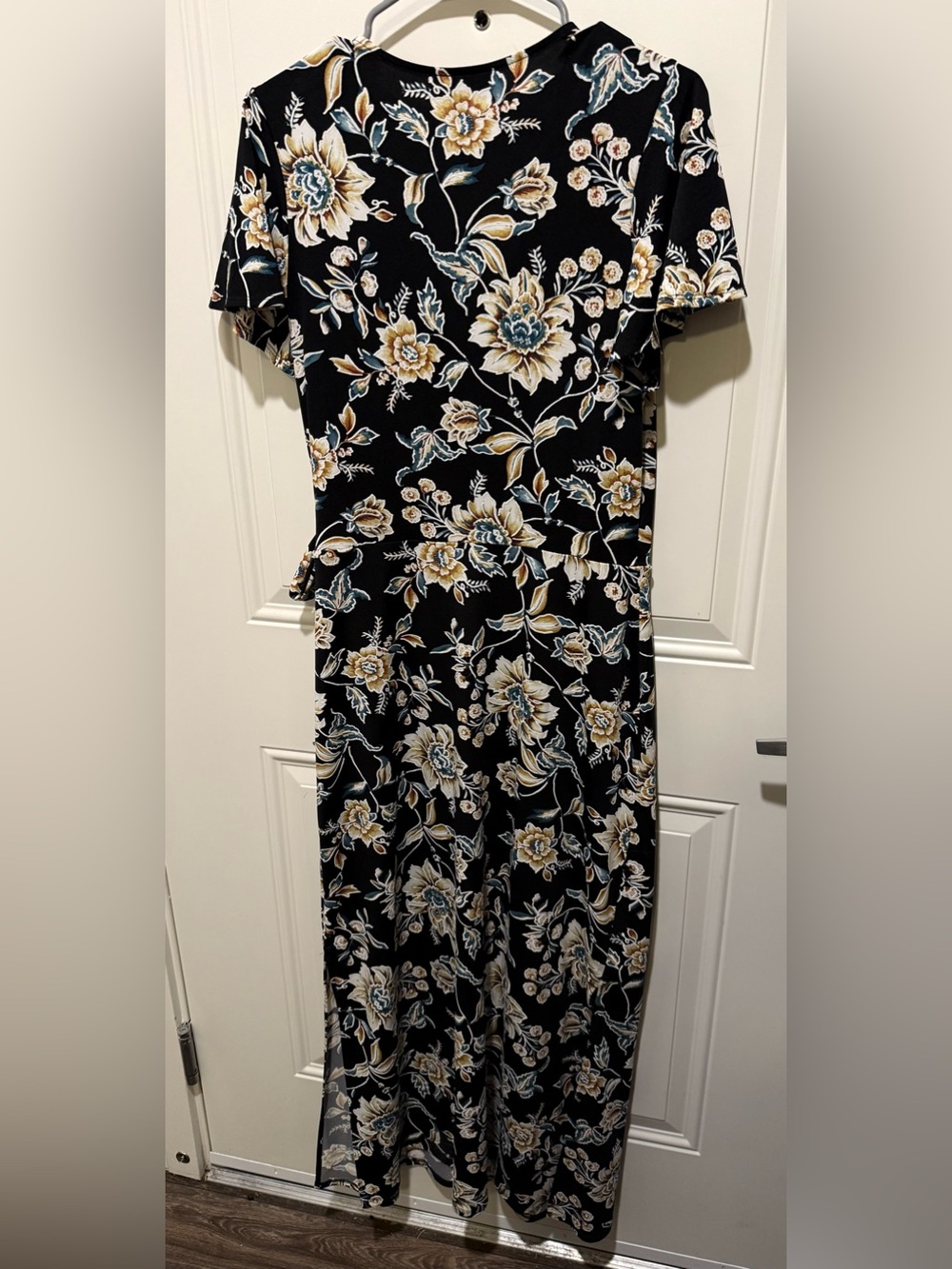 FORTUNE + IVY-Faux Wrap Maxi Dress - Black with Cream & Blue Floral - Picture 3 of 7